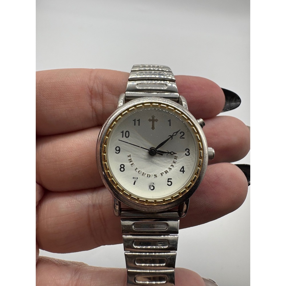 Valdawn The Lords Prayer Talking Watch Womens Silver Gold Steel Flex Band